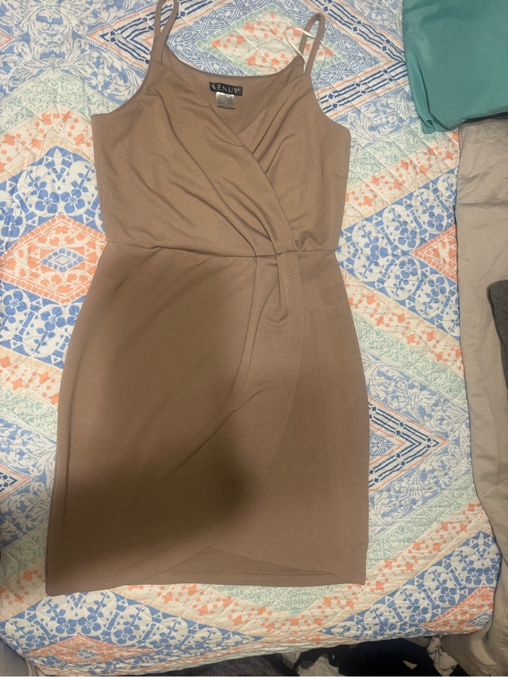 VENUS Taupe Wrap-Front Spaghetti Strap Mini Dress